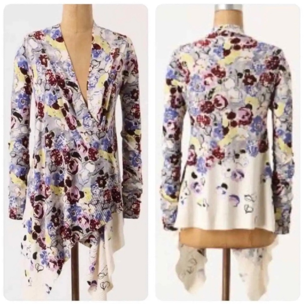Anthro Guinevere Bramble Waves Floral Wrap Waterfall Cardigan Sweater